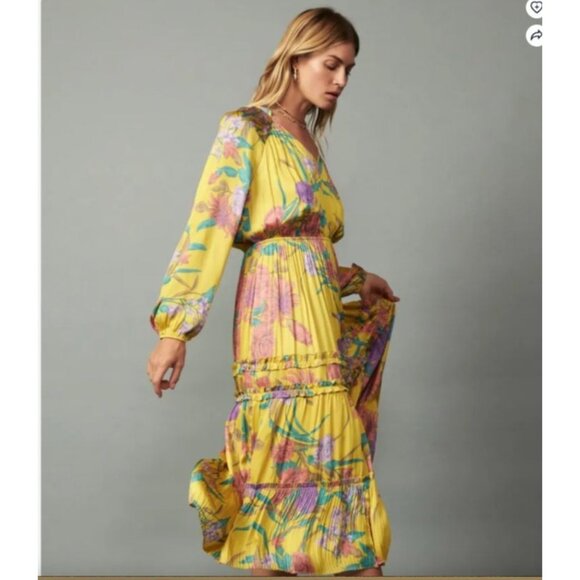 Current Air Marigold Floral Maxi Dress V-Neck womens size large long sleeve new - Picture 6 of 15